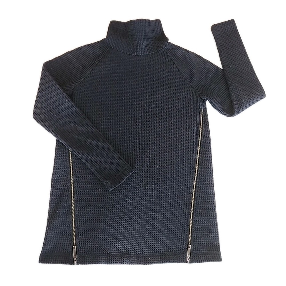 LL BEAN Signature Top Turtleneck Tunic Waffle Thermal Side Zip Blue Womens XXS